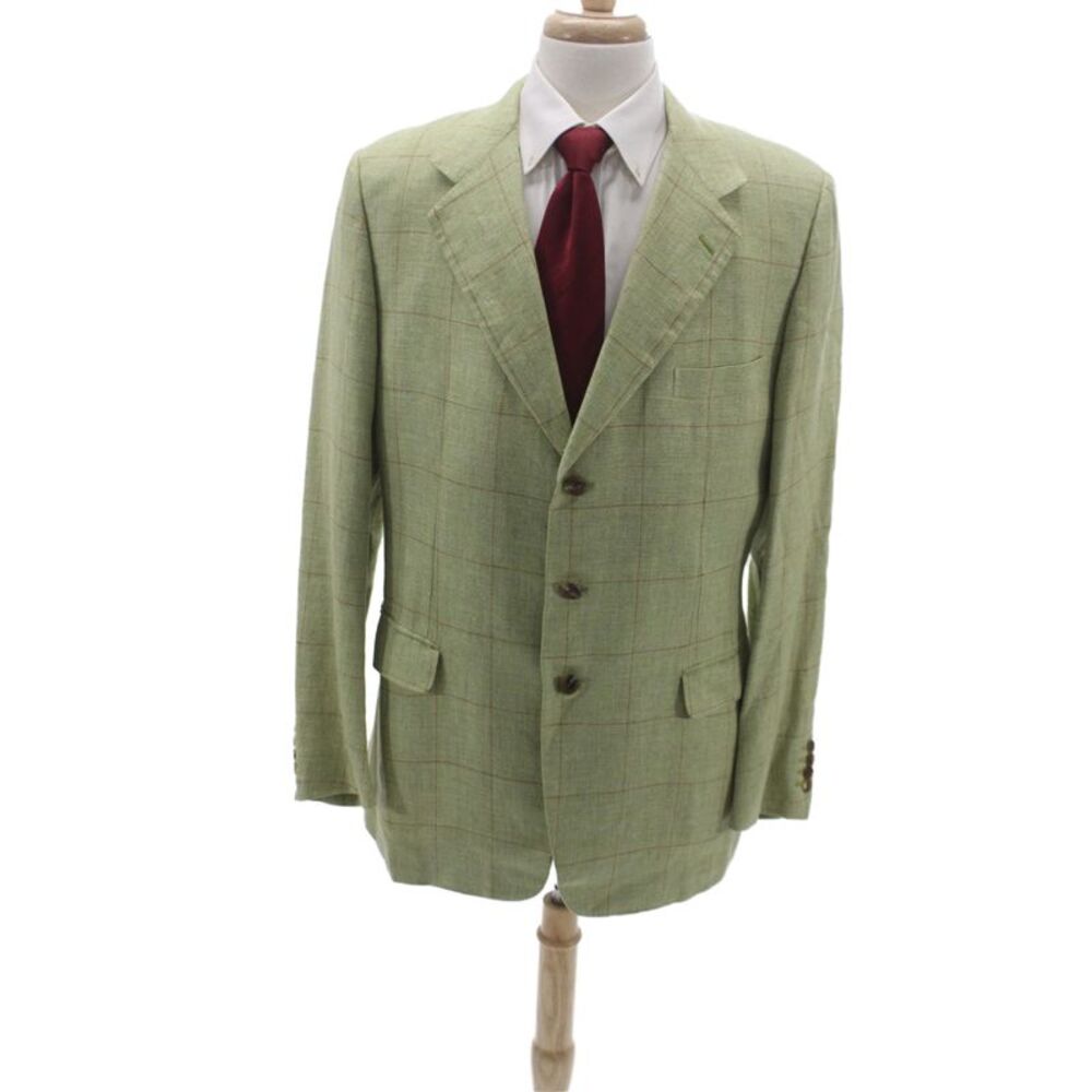 Hermes Mens Plaid Linen Blazer Green Button Size 54